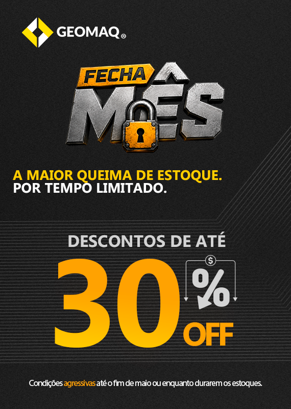 Banner promocional da campanha Fecha Mês da Geomaq com visual industrial em preto, cinza e amarelo. Destaque para o texto “Fecha Mês”, cadeado central, chamada “Descontos de até 30% OFF” e frase “A maior queima de estoque. Por tempo limitado.”